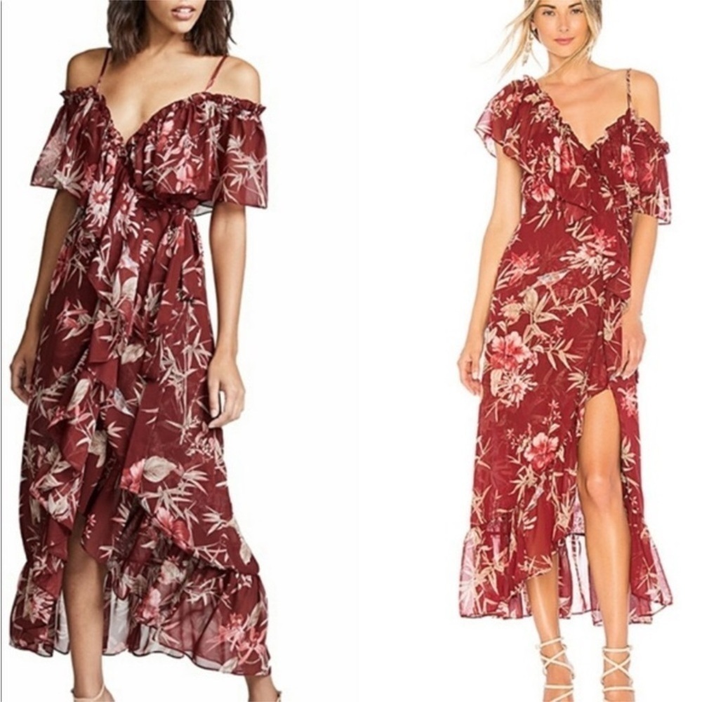 Misa Los Angeles Tayla floral ruffle cascade wrap midi maxi Dress NWT Revolve M
